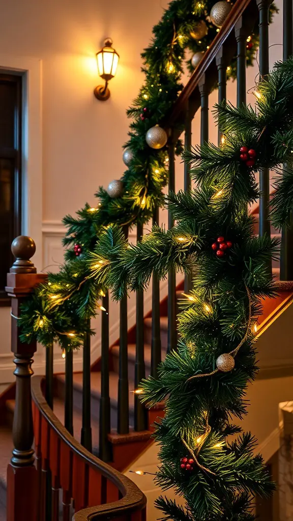 27+ Creative Indoor Christmas Railing Decor Ideas 7 A beautifully decorated staircase railing with a garland featuring lights and ornaments.