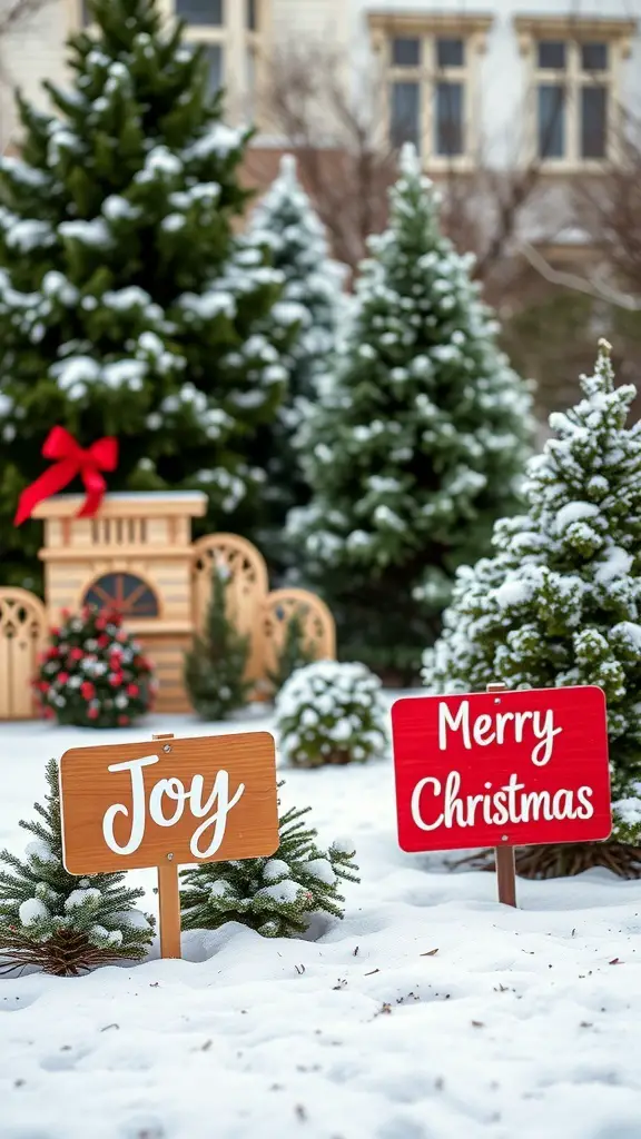 Two Christmas yard signs reading 'Joy' and 'Merry Christmas' in a snowy yard