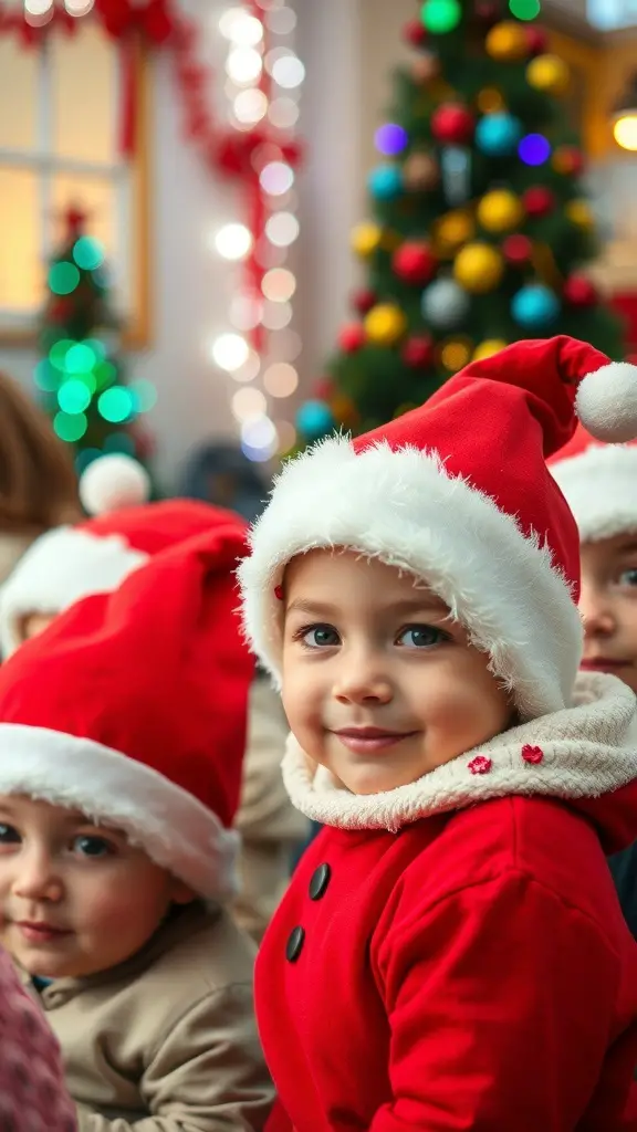 Toddlers wearing Santa hats and festive clothing, smiling in a decorated room with Christmas lights and a tree.