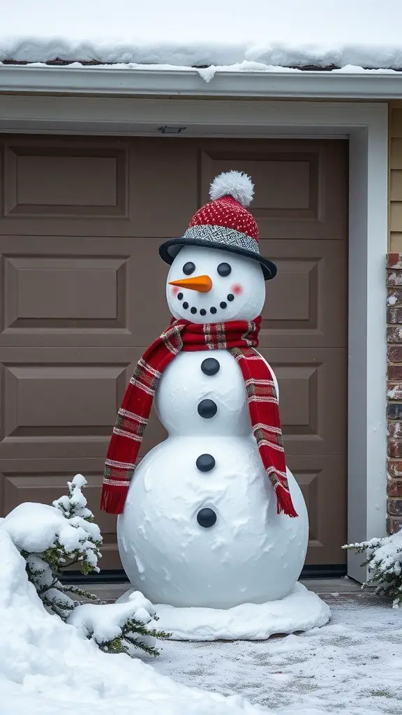 29+ Creative Garage Door Christmas Decorations You'll Love 3 A cheerful snowman wearing a red hat and scarf stands next to a garage door, surrounded by snow.