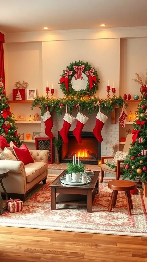 A cozy living room decorated for Christmas with red and green decor, featuring stockings, a wreath, and a fireplace.