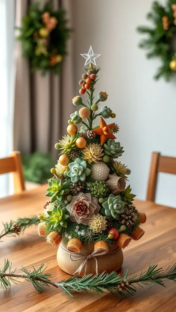 27+ Adorable Tabletop Christmas Tree Ideas for Your Holiday Decor 5 A small tabletop Christmas tree made of various succulents, decorated with a star on top and surrounded by pine branches.