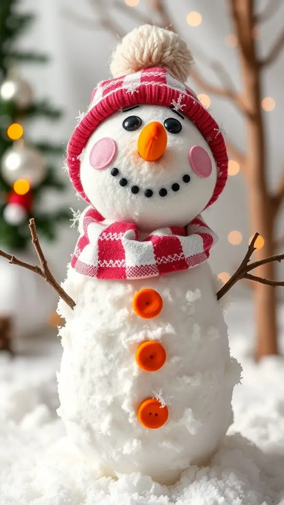 A cute snowman puppet with a red and white hat, scarf, and buttons, set against a wintery background.