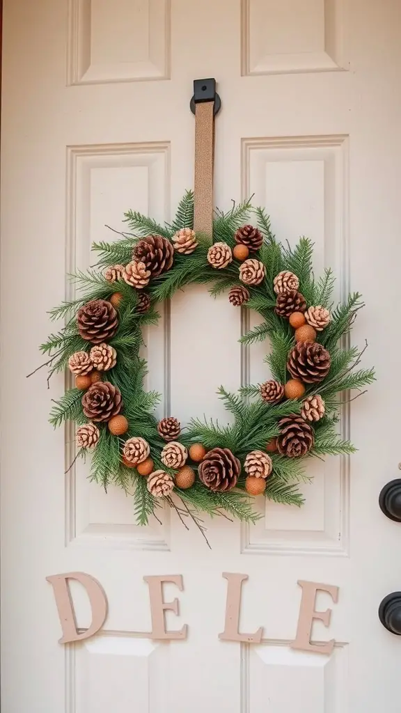 A beautiful wreath featuring natural pinecones and greenery, hanging on a door.