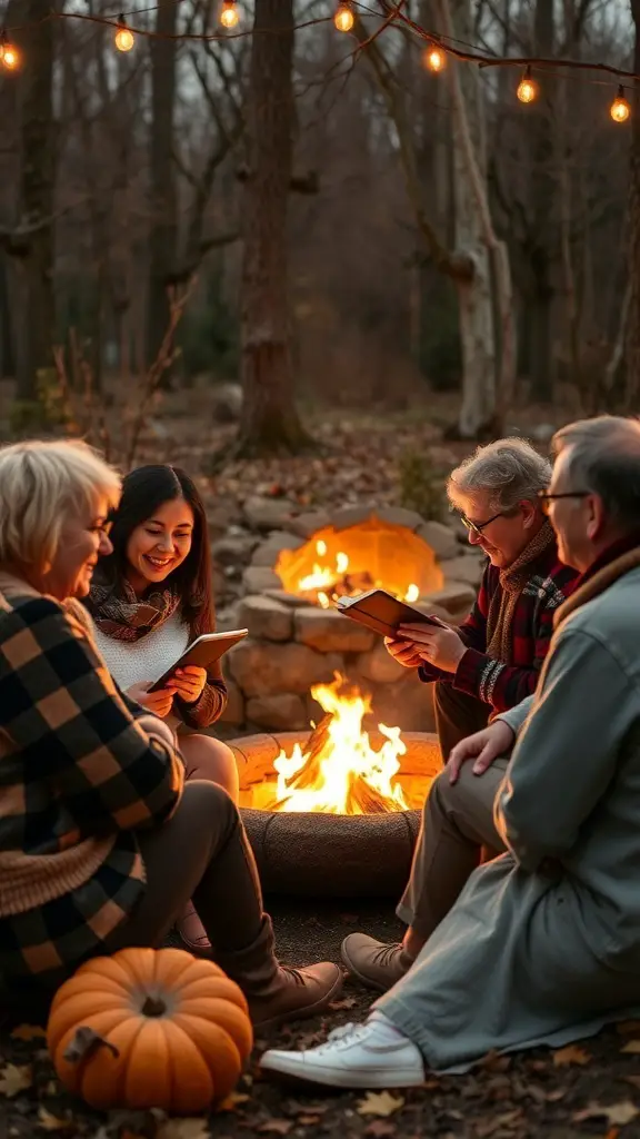 A group of people sitting around a fire, sharing stories during Thanksgiving.