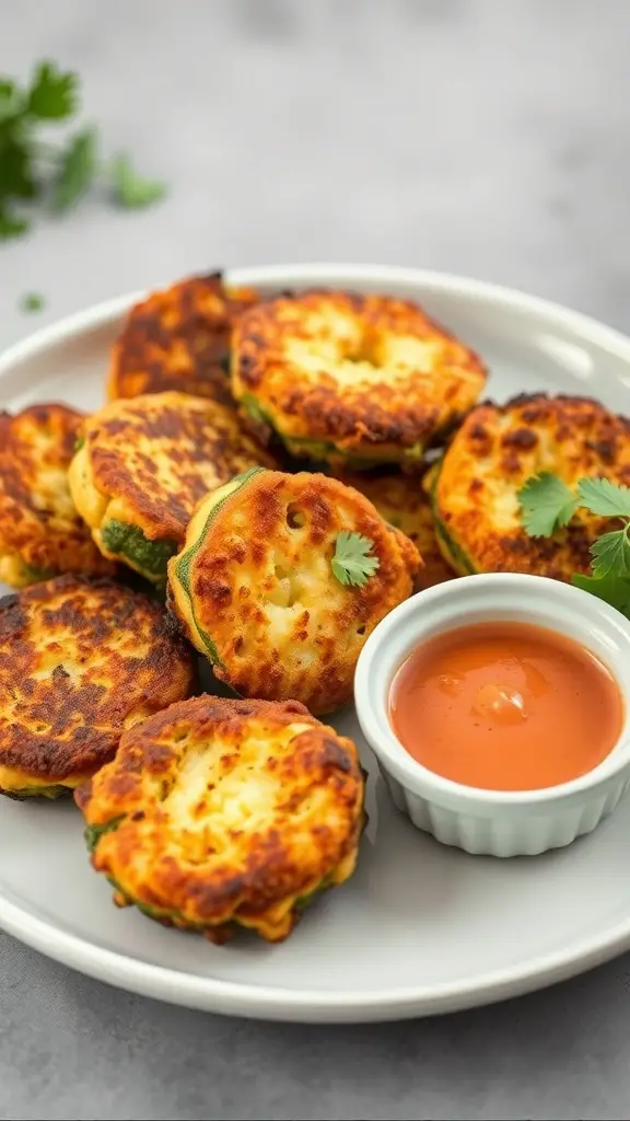 29+ Must-Try Thanksgiving Vegetable Sides for Your Holiday Feast 12 Plate of golden brown zucchini and corn fritters with a small bowl of dipping sauce