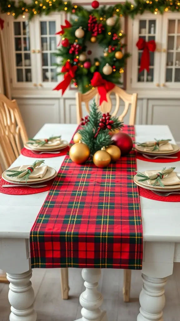 29+ Stunning Christmas Table Runner Ideas for a Festive Holiday Table 3 A Christmas table set with a plaid table runner, festive decorations, and plates.