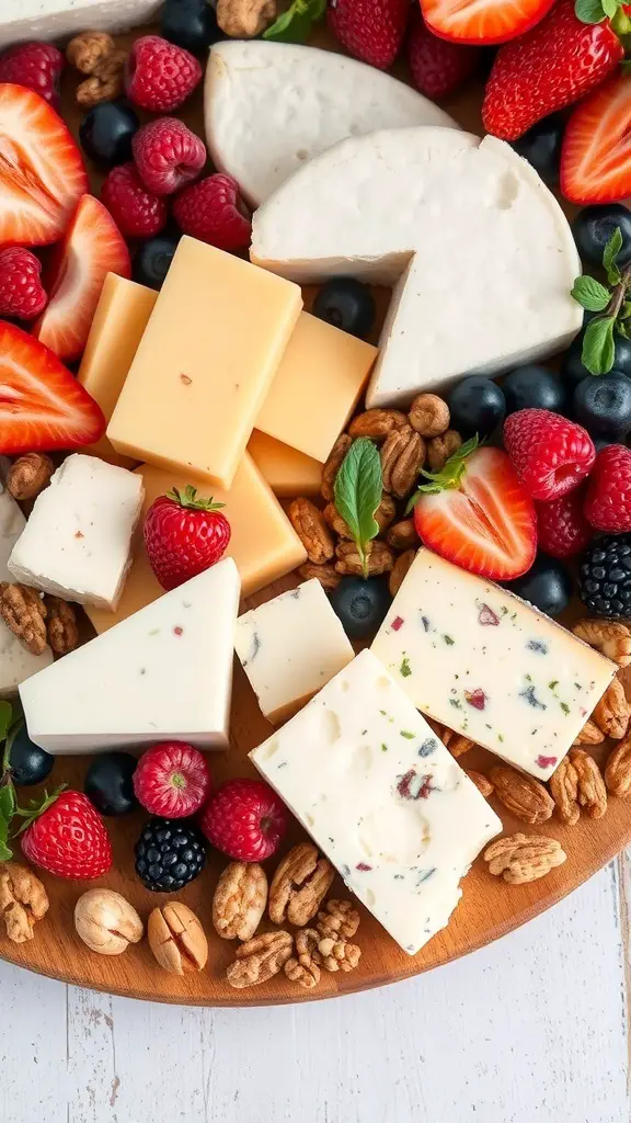 A beautifully arranged fruit and cheese board featuring various cheeses, strawberries, blueberries, raspberries, blackberries, and nuts.