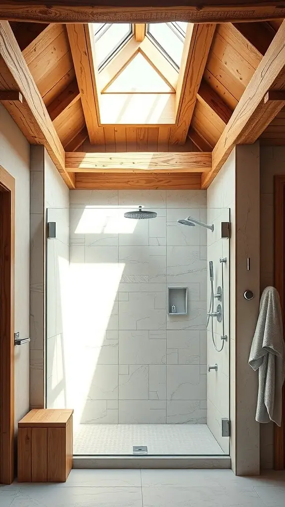27+ Inspiring Rustic Walk-In Shower Ideas You’ll Love 11 A rustic walk-in shower featuring exposed wooden beams and a skylight.