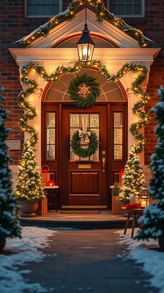 A beautifully decorated entryway with lights, wreath, and small trees for Christmas.