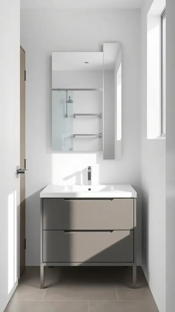 29+ Stunning Bathroom Vanity Ideas You’ll Love 9 A modern minimalist bathroom vanity with a sleek design, featuring a gray cabinet and white countertop.
