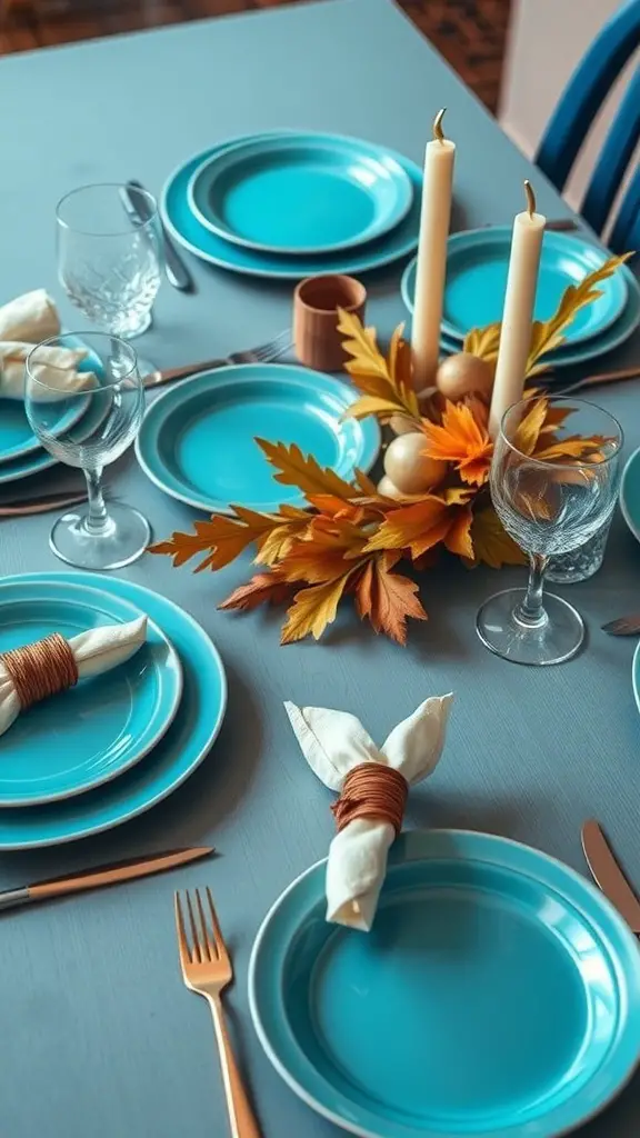 A beautifully set Thanksgiving table featuring cerulean plates, elegant glassware, and a natural centerpiece with autumn leaves and candles.