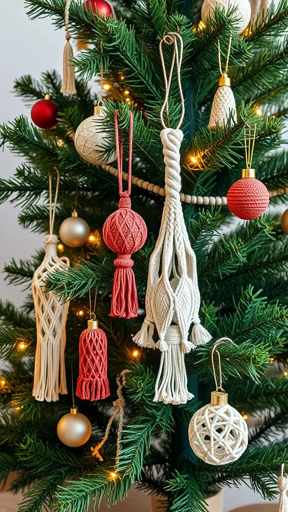A Christmas tree decorated with macramé ornaments and colorful baubles.