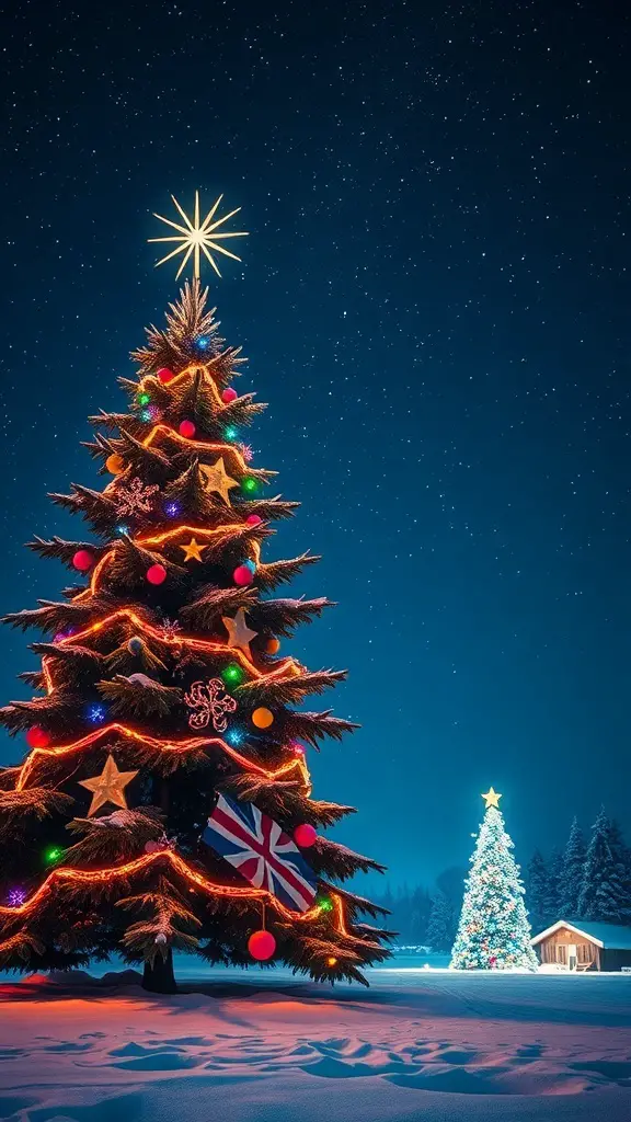 A decorated Christmas tree with lights and ornaments under a starry sky, symbolizing Winter Solstice celebrations.