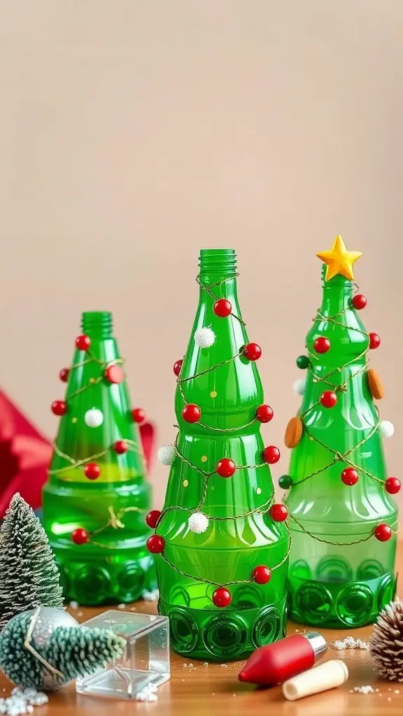 Three recycled bottle Christmas trees decorated with beads and a star on top