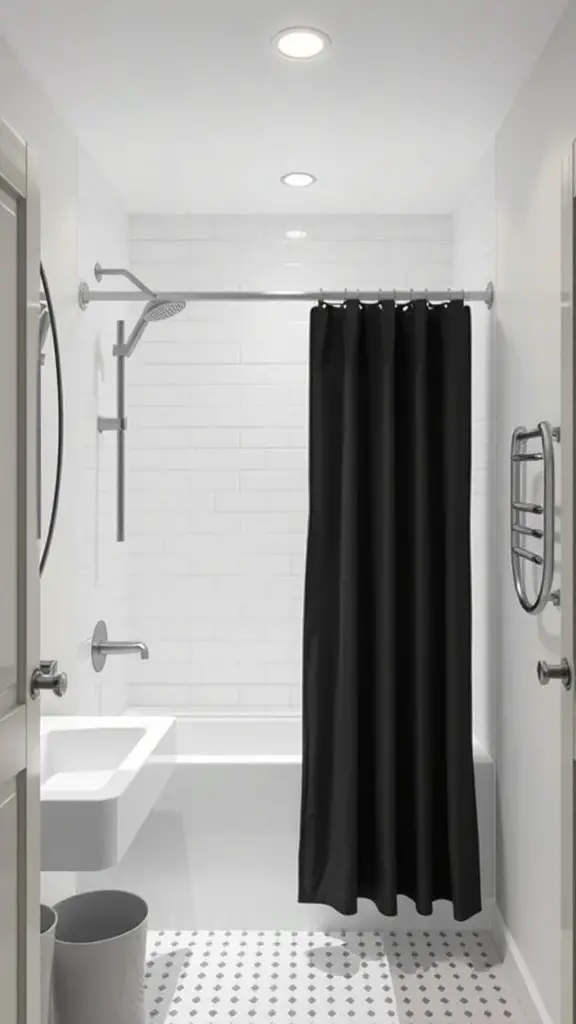 Small bathroom with a black shower curtain and white tiles