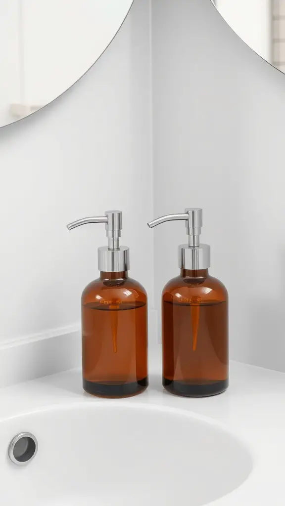 25+ Must-Try Minimalist Bathroom Organization Ideas 13 Two amber glass soap dispensers on a white bathroom countertop