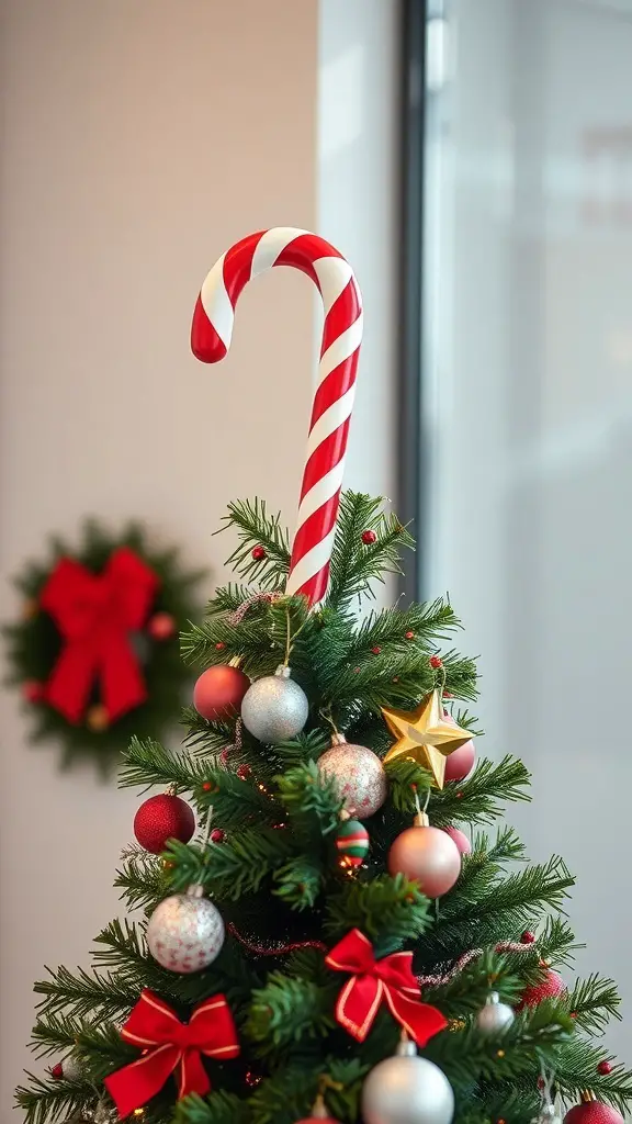 A Christmas tree topped with a large candy cane, decorated with ornaments and bows.
