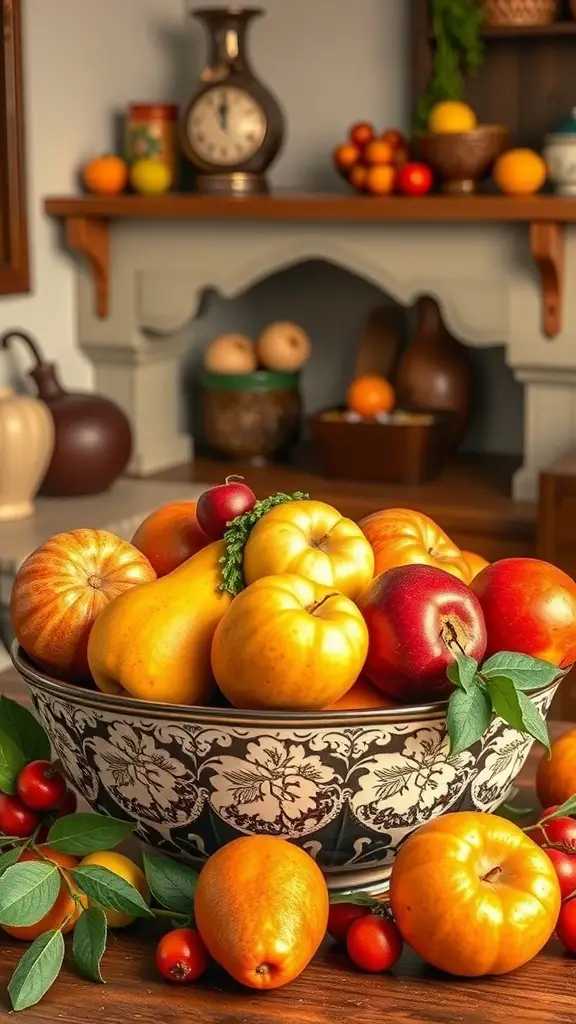 A bowl filled with various fresh fruits, including apples, pears, and oranges, displayed on a wooden table.