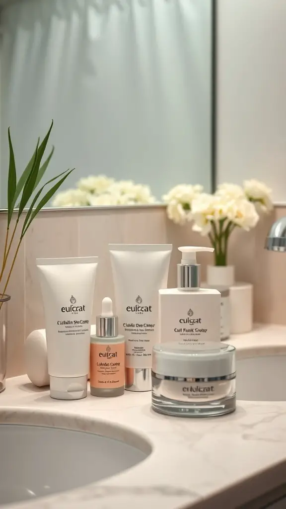 An arrangement of quality skincare products on a bathroom counter.