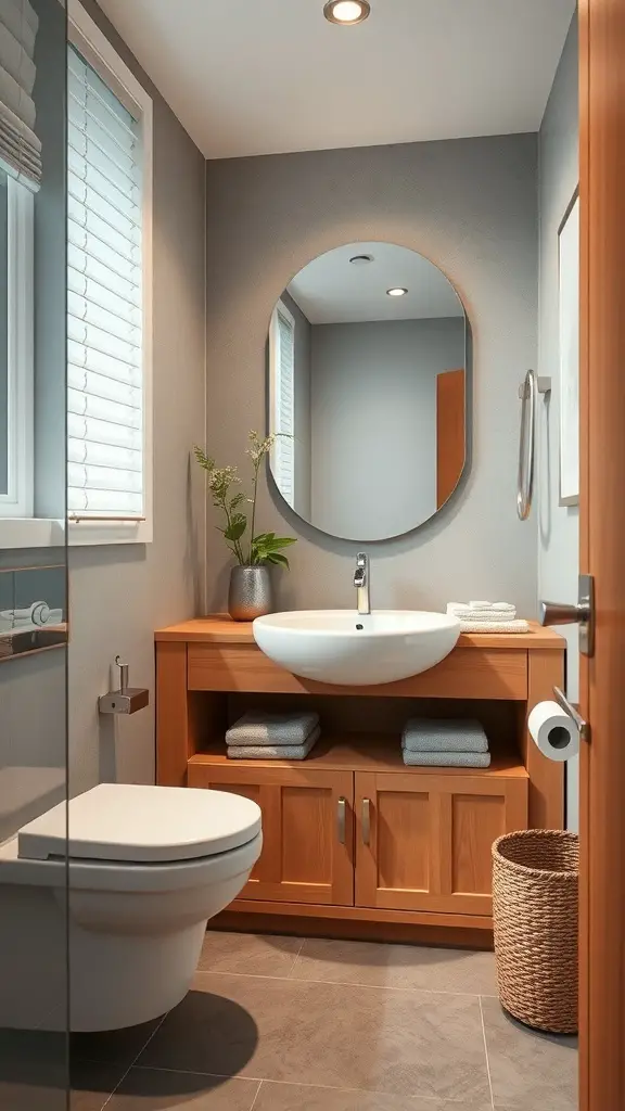 29+ Stunning Tiny Bathroom Layouts for Small Spaces 16 A modern tiny bathroom featuring a dual-purpose sink and storage vanity, compact toilet, and natural decor.
