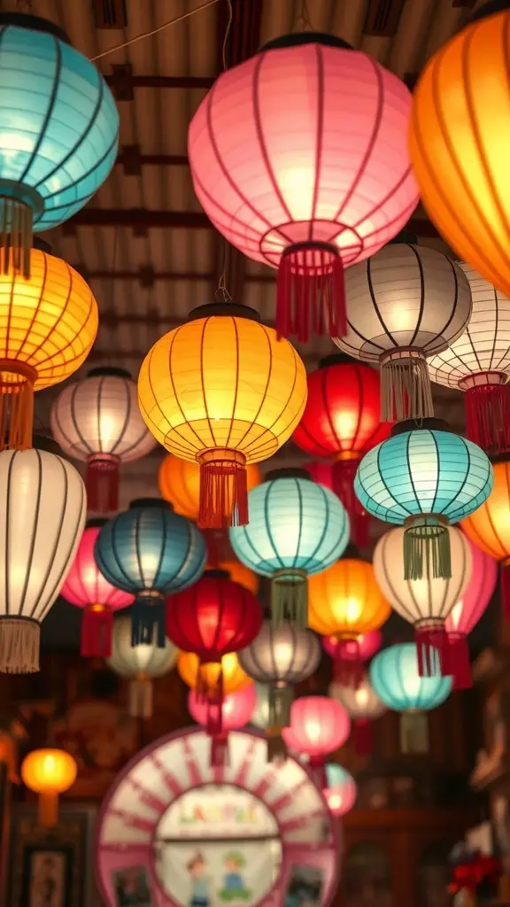 29+ Creative Christmas Ceiling Decoration Ideas to Festively Transform Your Home 5 Colorful paper lanterns hanging from the ceiling in various shapes and sizes