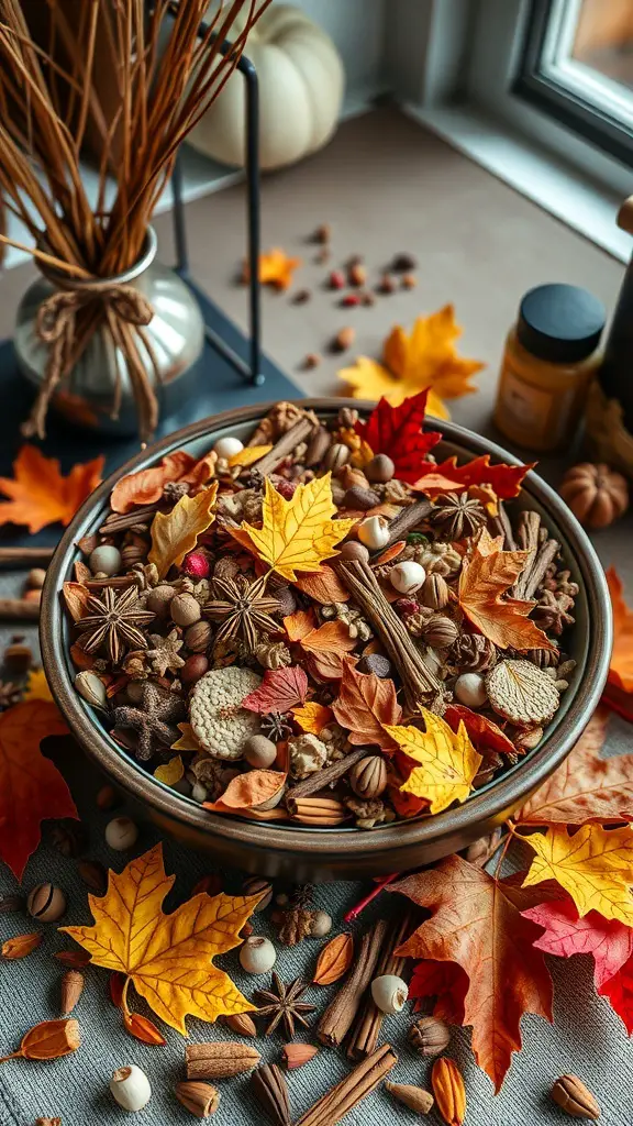 25+ Creative Thanksgiving Crafts for Adults 10 A bowl of Thanksgiving-themed potpourri with colorful leaves and spices.