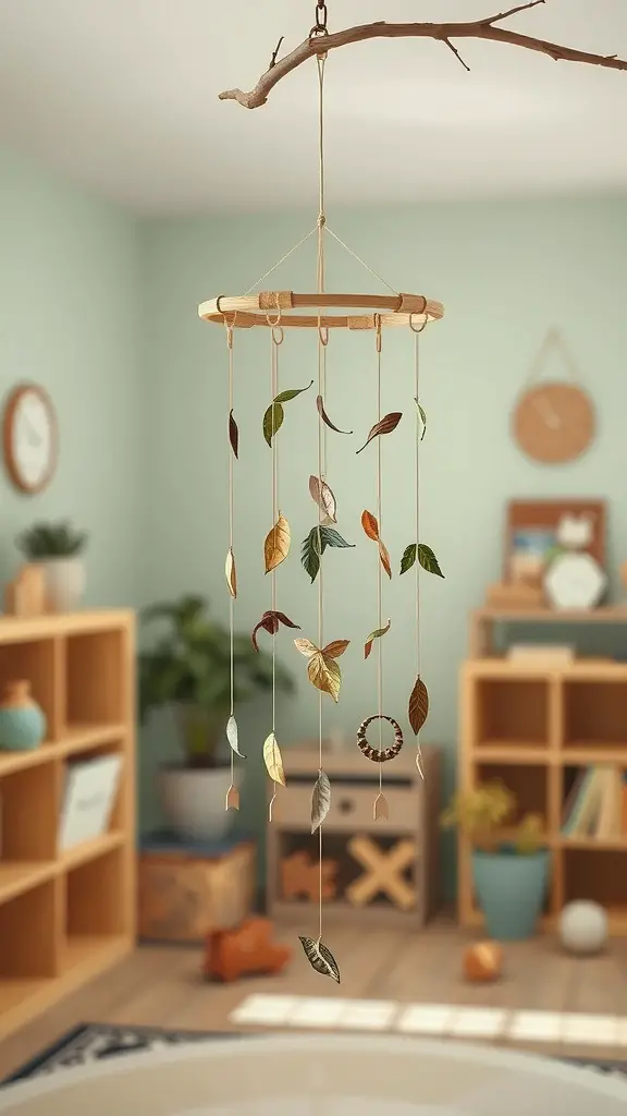 27+ Creative Thanksgiving Crafts for Preschoolers 12 A handmade mobile featuring colorful leaves hanging from a branch in a cozy room.