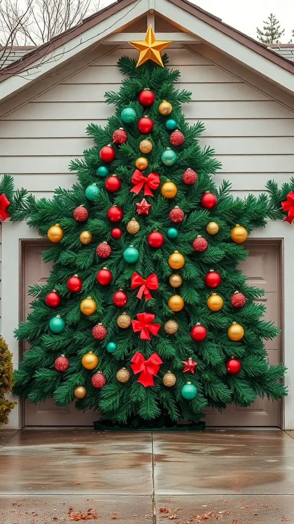 29+ Creative Garage Door Christmas Decorations You'll Love 15 A garage door wrapped to look like a Christmas tree, decorated with ornaments and a star.