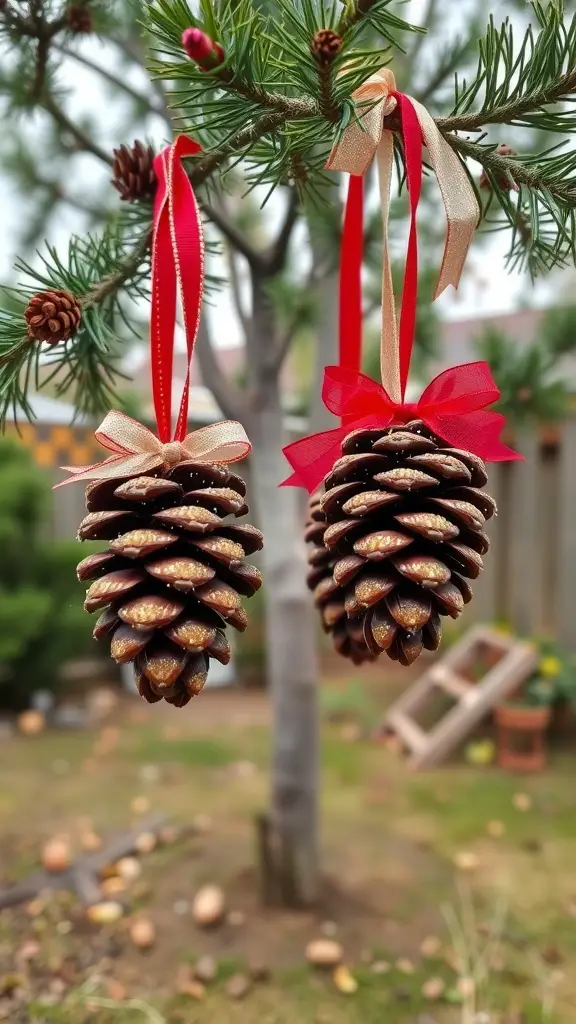 Two pine cone ornaments hanging from a tree branch, decorated with red and gold ribbons.