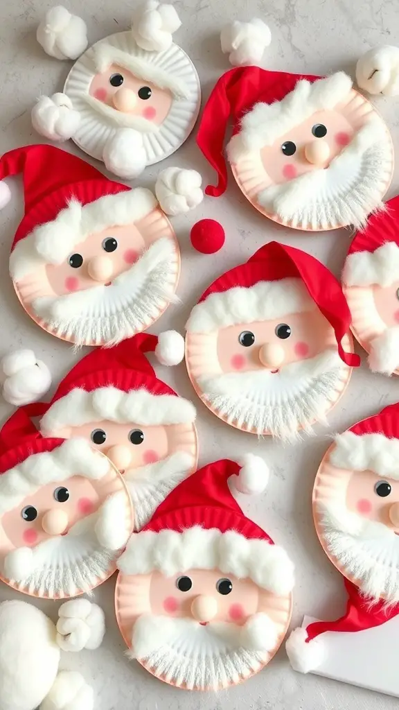 Colorful paper plate Santa faces with cotton ball beards and red hats