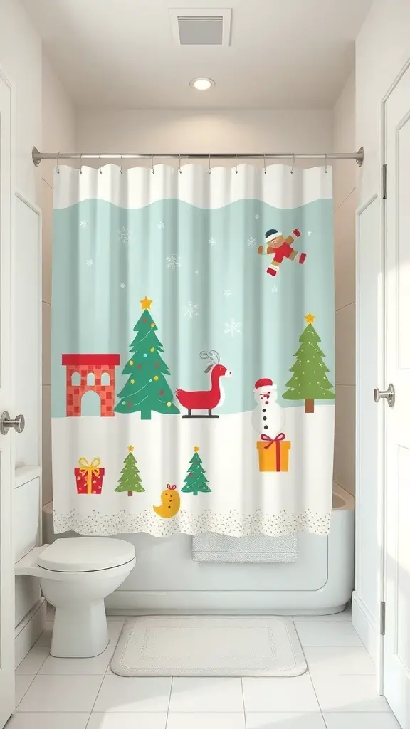 A festive Christmas-themed shower curtain featuring snowmen, Christmas trees, and reindeer in a small bathroom setting.