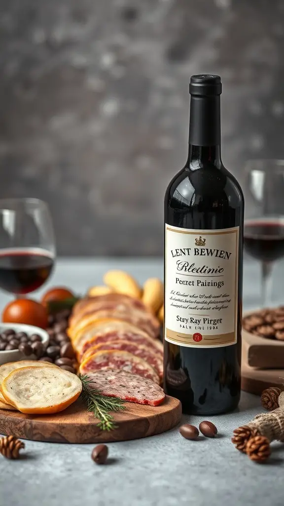 A bottle of red wine with a charcuterie board featuring meats, cheeses, and garnishes.