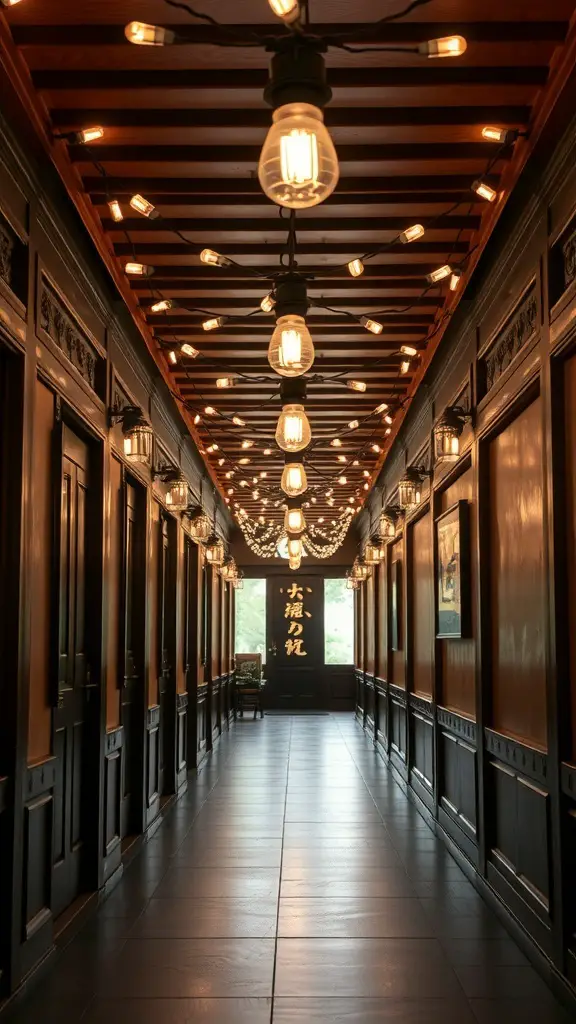 29+ Magical Hallway Christmas Light Ideas to Brighten Your Home 7 A hallway decorated with classic string lights, creating a warm and inviting atmosphere.