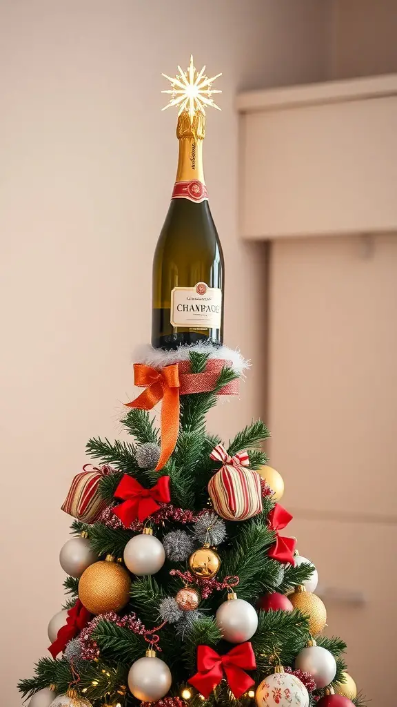 27+ Stunning Champagne Christmas Tree Ideas You Need to Try 16 A Christmas tree topped with a champagne bottle and starburst decoration, surrounded by festive ornaments and ribbons.