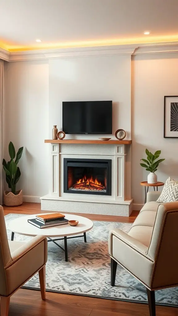 29+ Stylish Electric Fireplace Ideas to Transform Your Home 13 A modern living room featuring a stylish electric fireplace with a customizable surround, a TV mounted above, and comfortable seating.