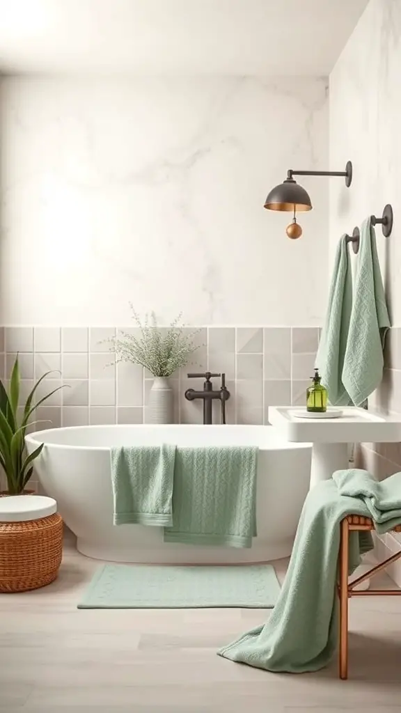 23+ Chic Neutral Toned Bathroom Ideas for a Serene Space 5 A modern bathroom featuring muted green accents with towels, a bath mat, and a plant.