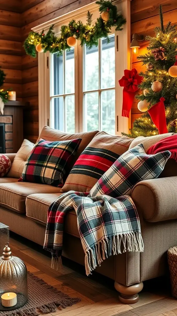 Cozy living room with plaid accents, featuring a sofa with plaid pillows and a throw blanket, decorated for Christmas.