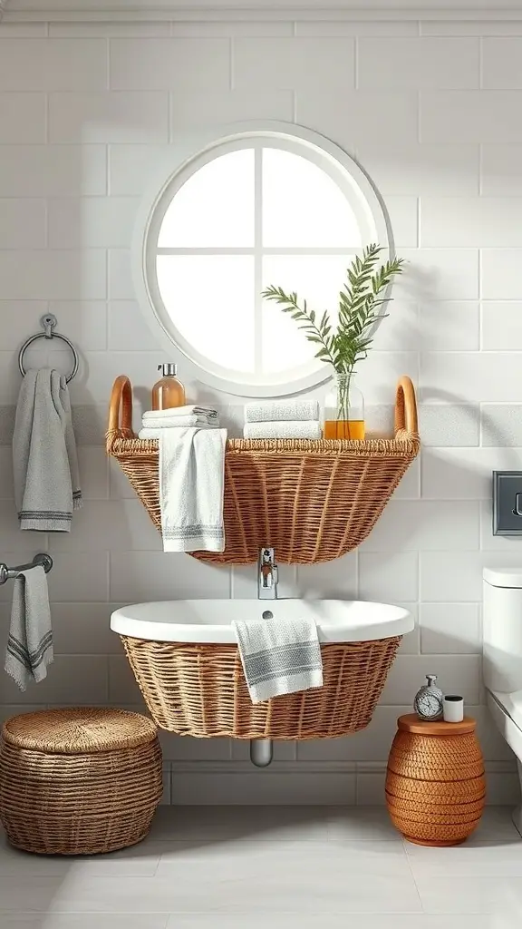 25+ Stylish Bathroom Wall Basket Ideas for Every Space 13 A stylish bathroom featuring oversized wall baskets above a bathtub, with towels and a plant.
