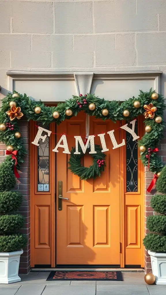 Customized garland over an orange doorway with the word 'FAMILY'.