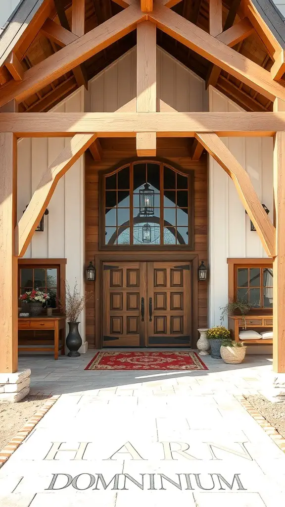 27+ Stunning Barndominium Exterior Ideas to Inspire Your Dream Home 12 A beautiful barndominium entryway featuring wooden beams, double doors, and decorative elements.