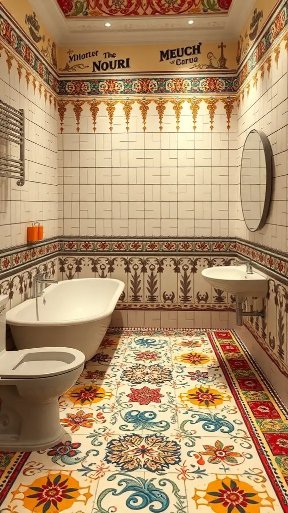 29+ Stunning Bathroom Flooring Ideas to Transform Your Space 15 A bathroom featuring artistic mosaic flooring with vibrant floral patterns and a stylish bathtub.