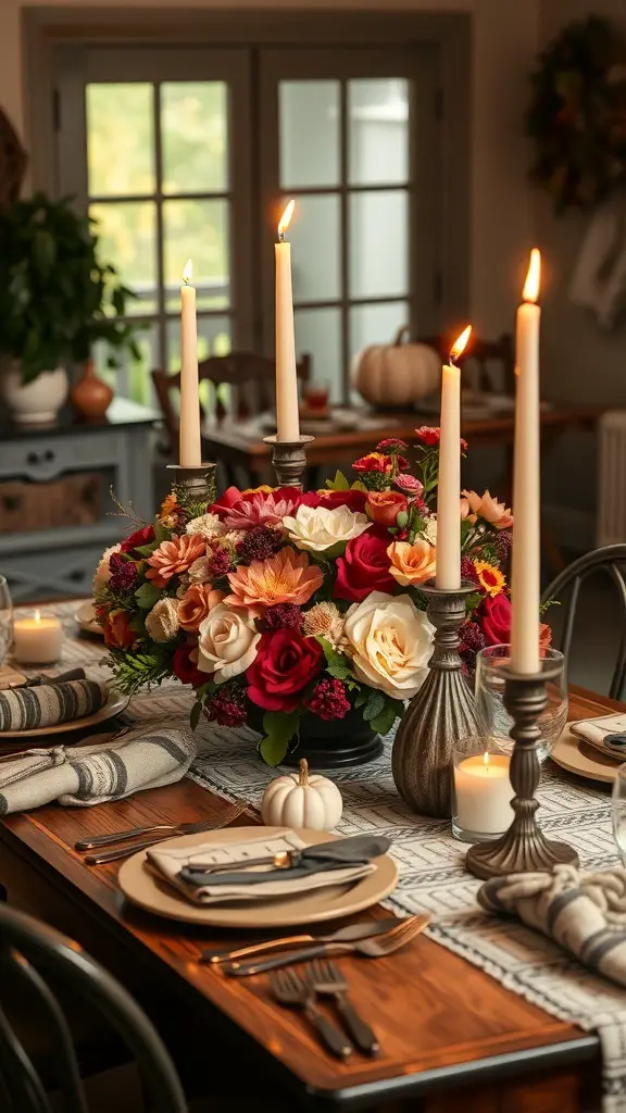 A beautifully set Thanksgiving table with a floral centerpiece, candles, and elegant dinnerware.