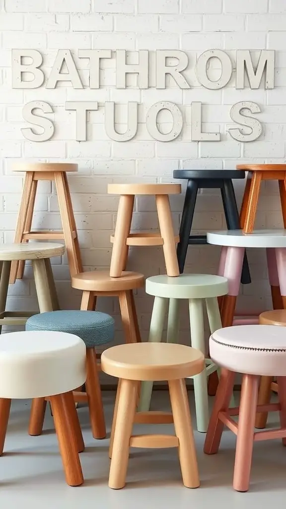 27+ Chic Bathroom Stool Styling Ideas to Elevate Your Space 7 A collection of colorful bathroom stools in various styles and heights against a white brick wall.