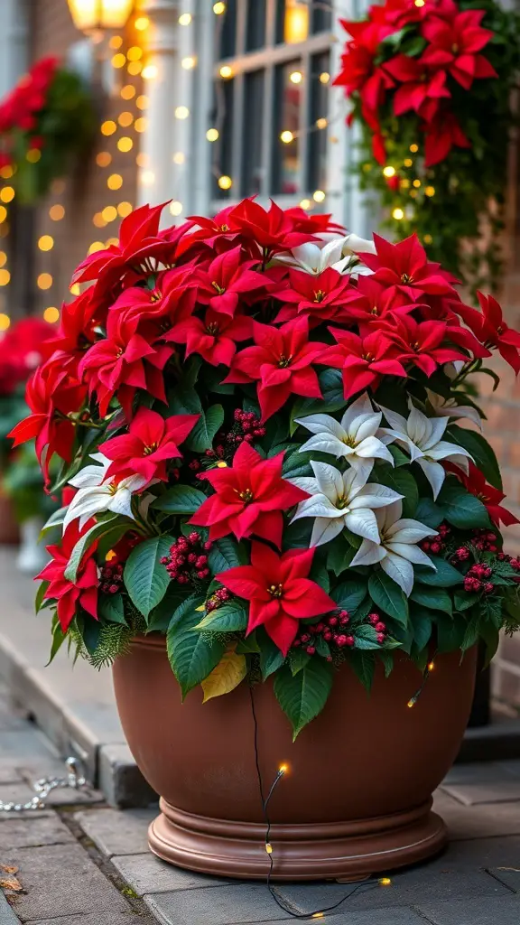 A vibrant planter filled with red and white poinsettias, surrounded by twinkling lights.