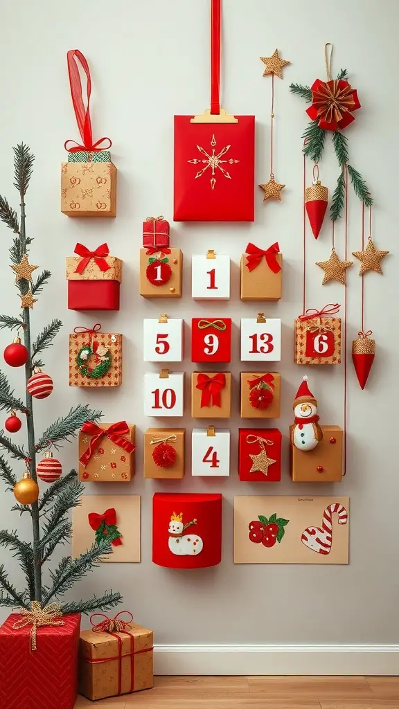 A colorful DIY advent calendar with numbered boxes, decorations, and a small Christmas tree.