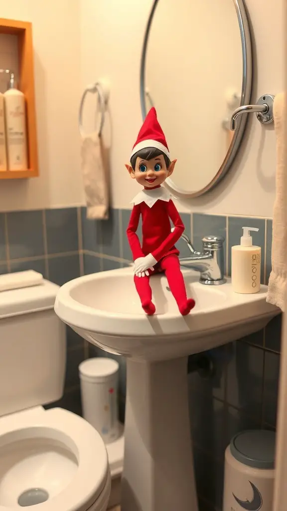 25+ Creative Elf on the Shelf Bathroom Ideas You Need to Try 6 Elf on the Shelf sitting on a bathroom sink