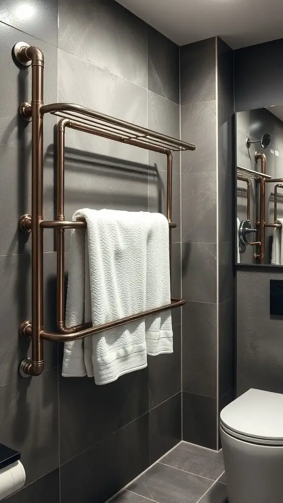 23+ Stylish Bathroom Towel Rack Ideas You’ll Love 15 Industrial style towel rack made of copper piping in a modern bathroom