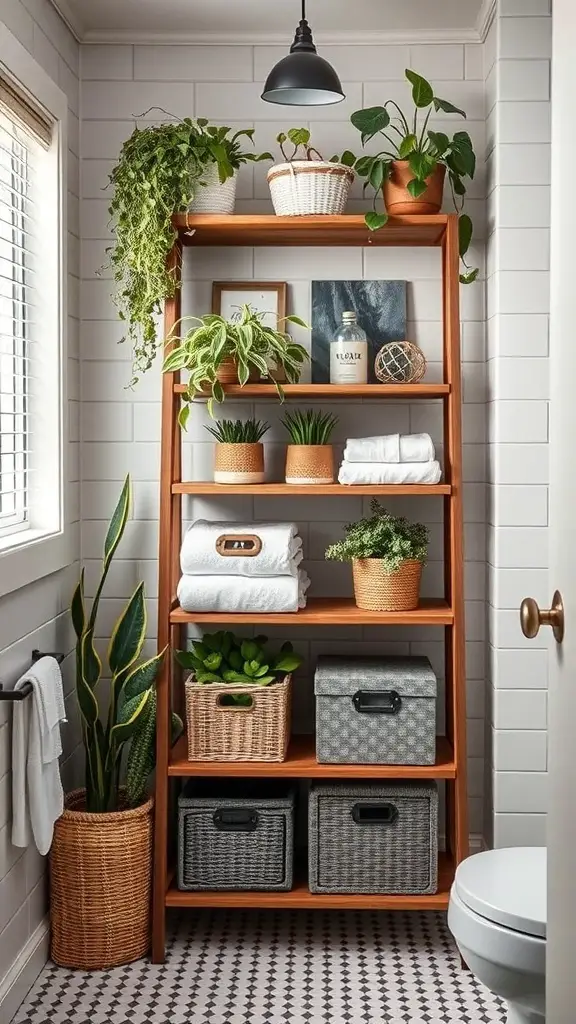25+ Clever Hidden Storage Ideas for Your Bathroom 12 A wooden ladder shelf in a bathroom, displaying plants, towels, and storage baskets.