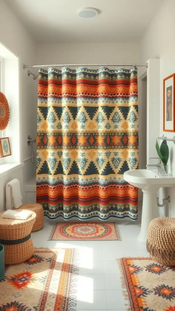 25+ Stunning Boho Shower Curtain Ideas for a Unique Bathroom Decor 5 A bathroom featuring a vintage Kilim patterned shower curtain with warm colors and geometric designs.